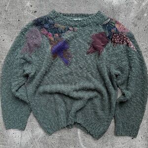 Vintage Cross Roads Green Bouclé Sweater with Patchwork Details - Size L